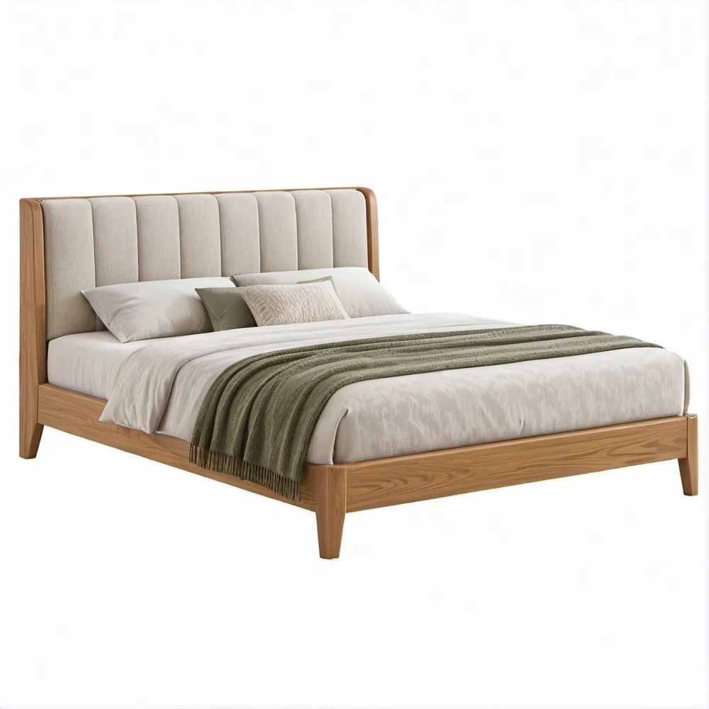 Cama de Casal em Madeira Natural e Bege com Cabeceira Estofada, para Colchão 160 x 200 cm