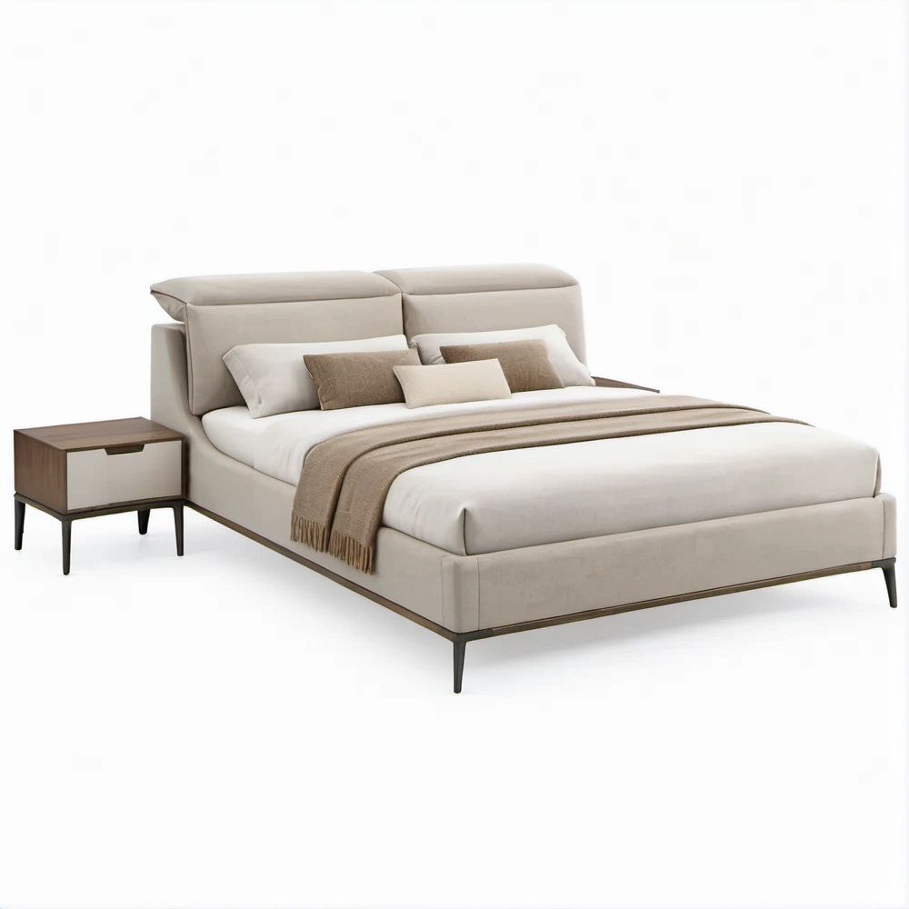 Cama de Casal Estofada Bege-Claro com Cabeceira Acolchoada e Mesa de Cabeceira, 160 x 200 cm