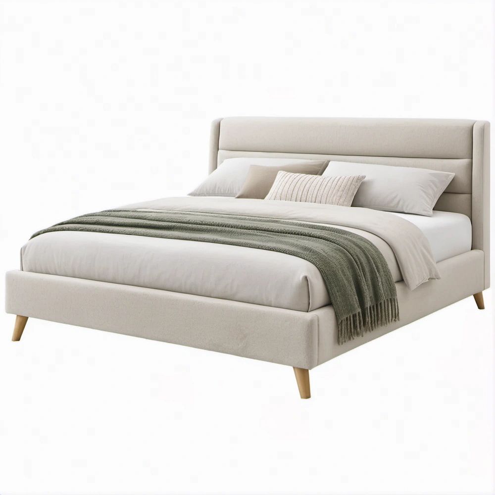 Cama de Casal Estofada Bege com Pés em Castanho-Claro para Colchão 160 x 200 cm