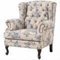 Poltrona Orelhuda Estofada com Estampado Floral, Botões e Tachas 80 x 85 x 110 cm Bege/Azul/Castanho-escuro
