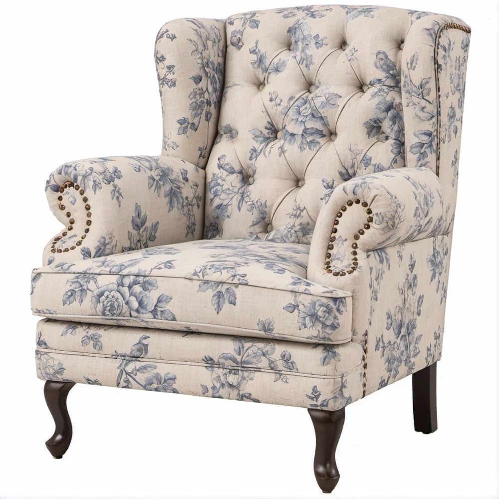 Poltrona Orelhuda Estofada com Estampado Floral, Botões e Tachas 80 x 85 x 110 cm Bege/Azul/Castanho-escuro