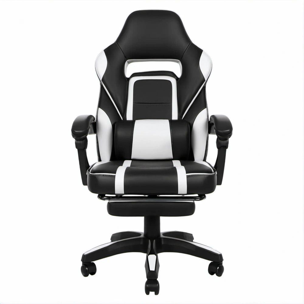 Cadeira Gaming Ergonómica Preta e Branca em Pele Sintética PU com Apoio para Pés, 65 x 65 x 118-128 cm