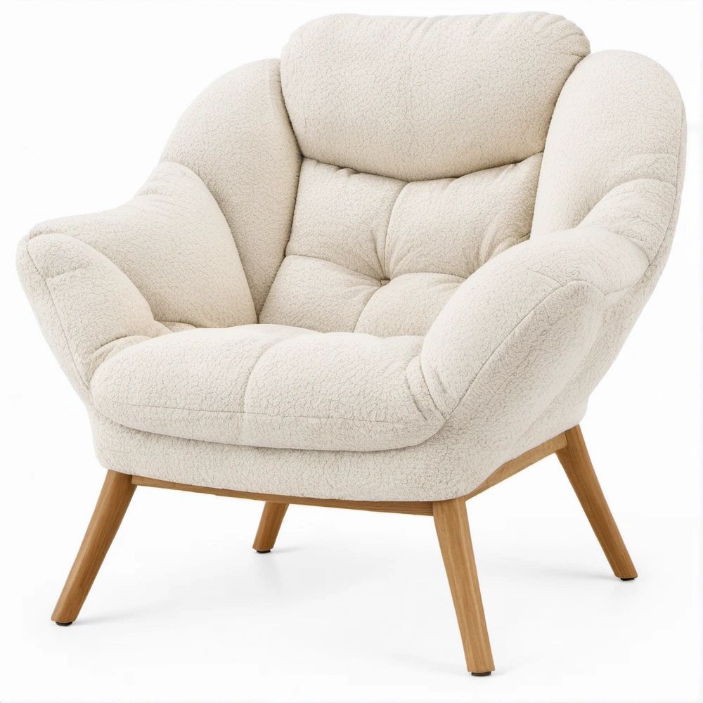Poltrona arredondada Creme em tecido bouclé com pés em madeira maciça, 82 x 85 x 98 cm