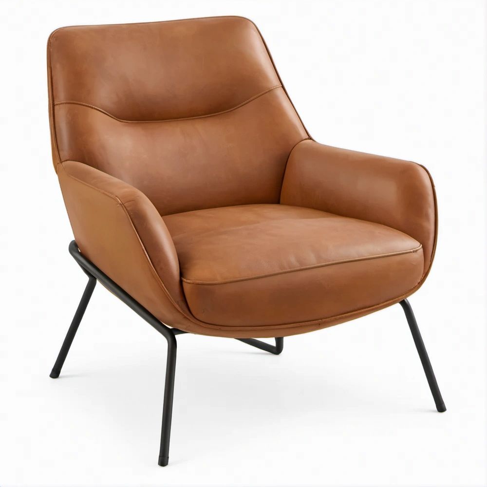 Cadeirão Lounge Curvo em Pele Sintética PU Castanho com Estrutura em Aço Preto, 76 x 78 x 86 cm