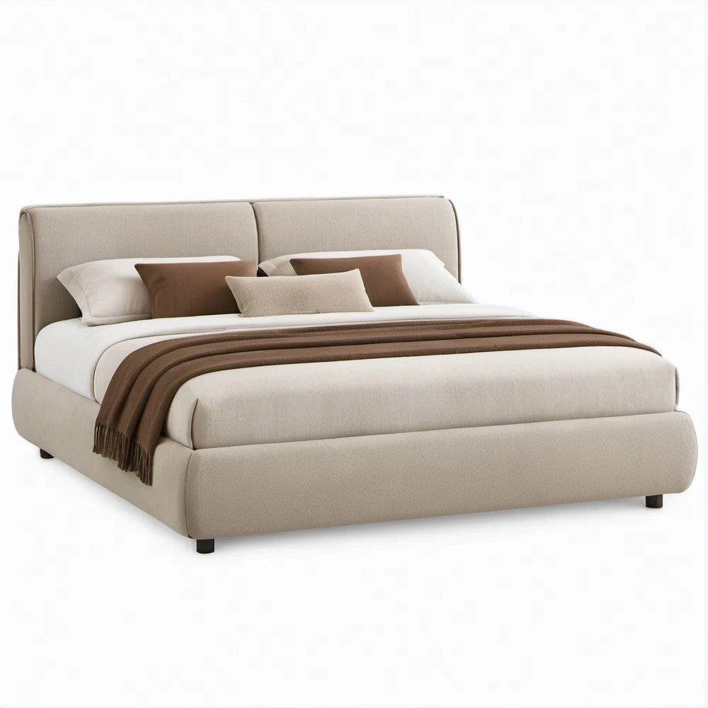 Cama de Casal Estofada Bege em Poliéster para Colchão 160 x 200 cm