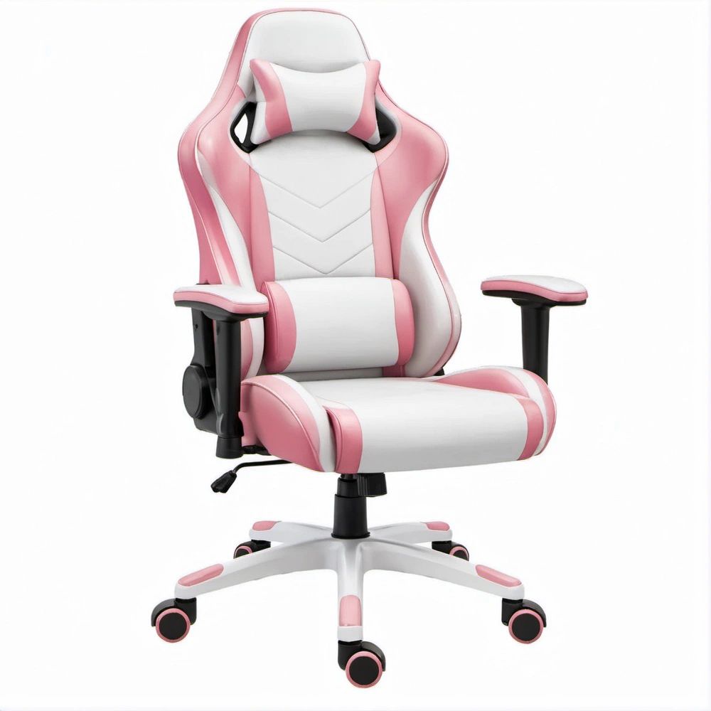 Cadeira Gaming Ergonómica Rosa e Branca em Pele Sintética PU, 66 x 68 x 123-133 cm