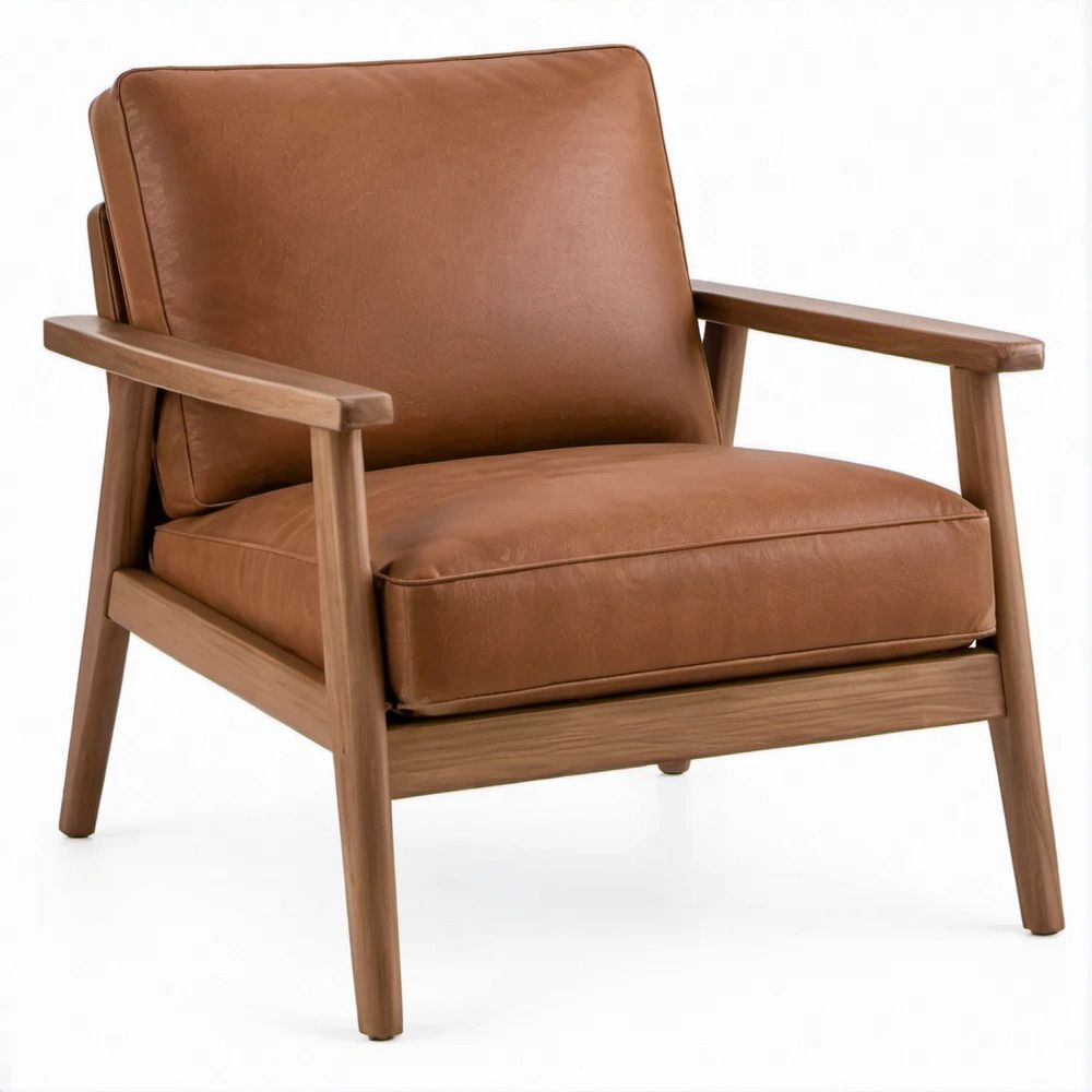 Poltrona de Estilo Contemporâneo em Madeira Maciça e Pele Sintética Castanha 68 x 78 x 82 cm