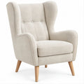 Poltrona de Encosto Alto em Bouclé Bege com Pernas de Madeira Natural 76 x 85 x 105 cm