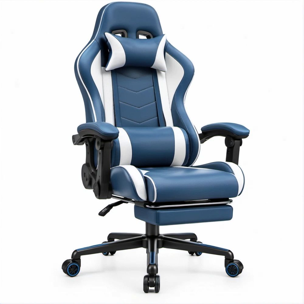 Cadeira Gaming Ergonómica Azul Escuro e Branca em Couro Sintético PU, 65 x 65 x 125-135 cm