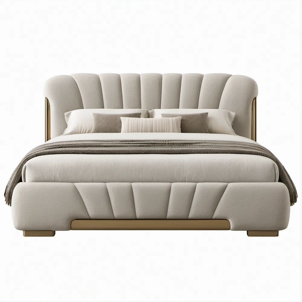 Cama de Casal Estofada Bege e Dourada com Cabeceira Curva, 180 x 200 cm