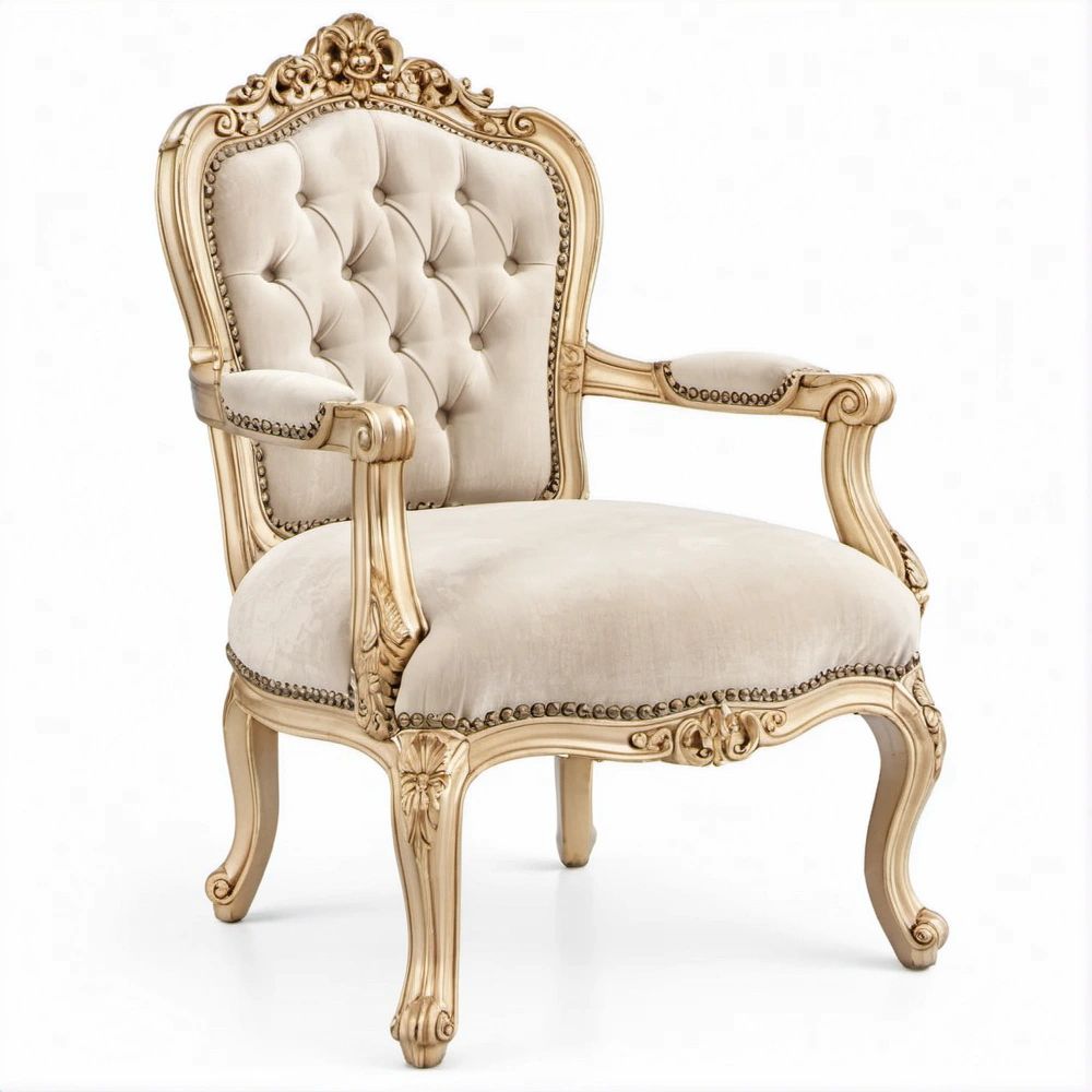 Poltrona Clássica de Encosto Alto em Veludo Bege e Dourado Envelhecido, 78 x 75 x 120 cm
