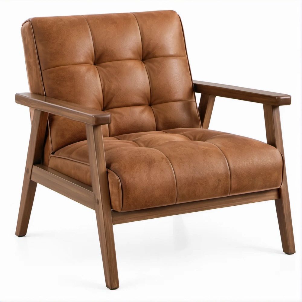 Poltrona Lounge Castanha em Poliuretano e Madeira Maciça, 76 x 82 x 92 cm